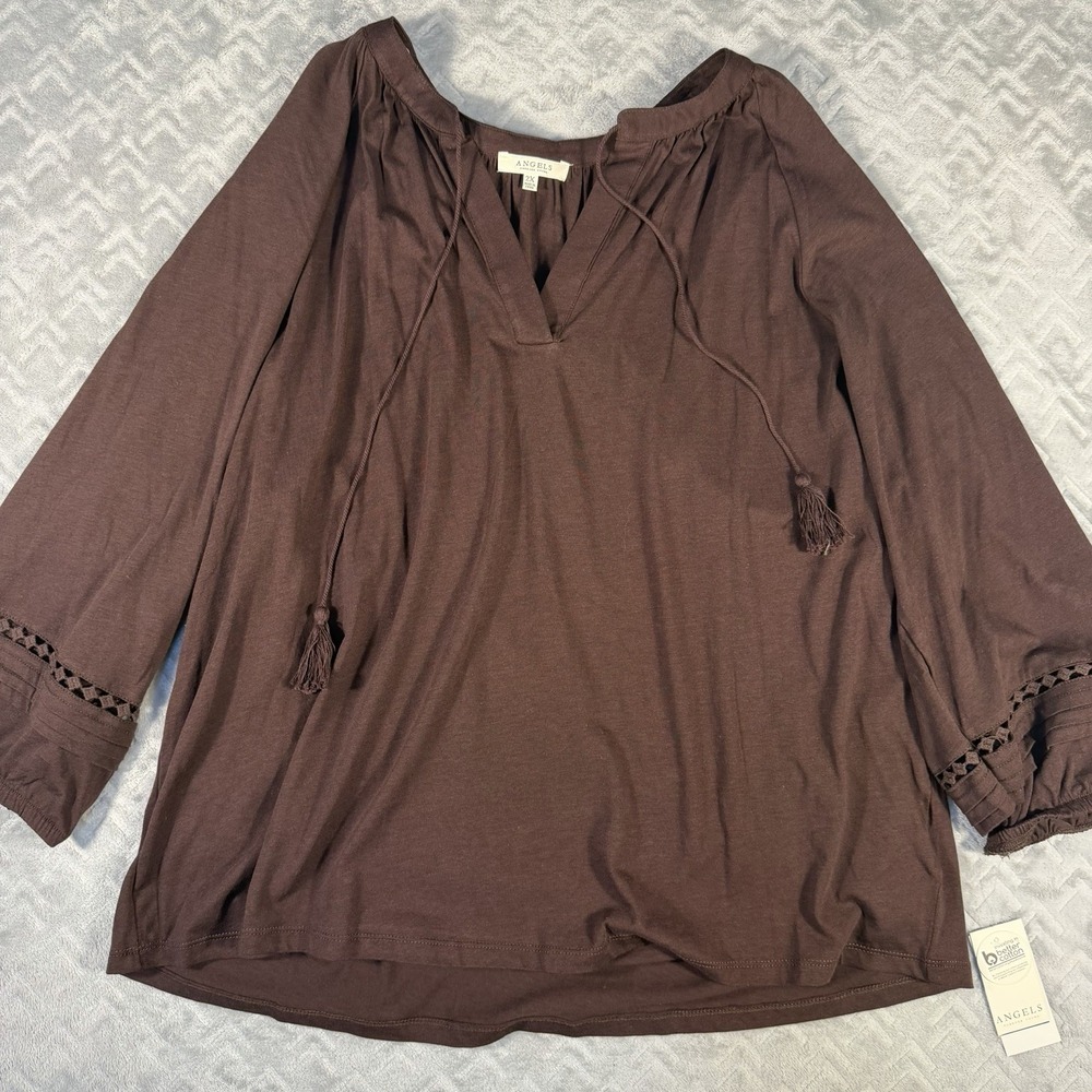 Angels Forever Young Women's Blouse Size 1X Brown Tassel Tie Casual Top NWT - Picture 3 of 3